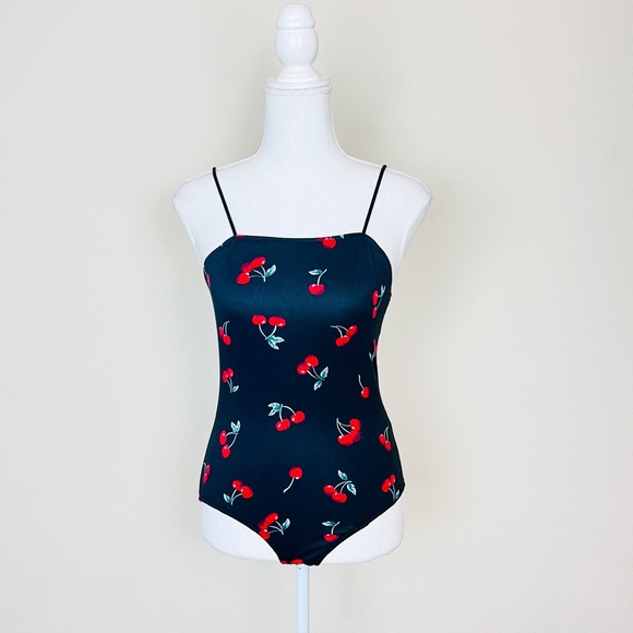 Black & Red Cherry Print Square Neck Thin Bungee Strap Tank Bodysuit - Picture 1 of 5